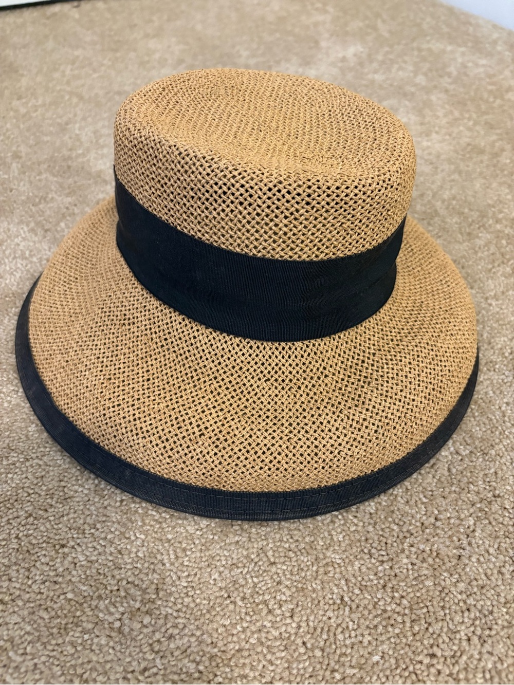 Eric Javits Tan Straw Fedora with Black Ribbon